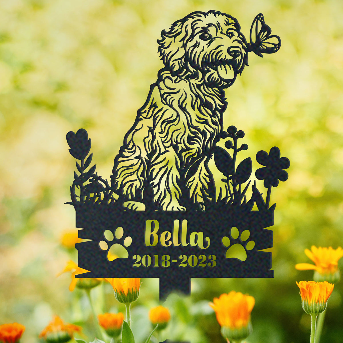 Personalized goldendoodle memorial garden stake with pet name and dates