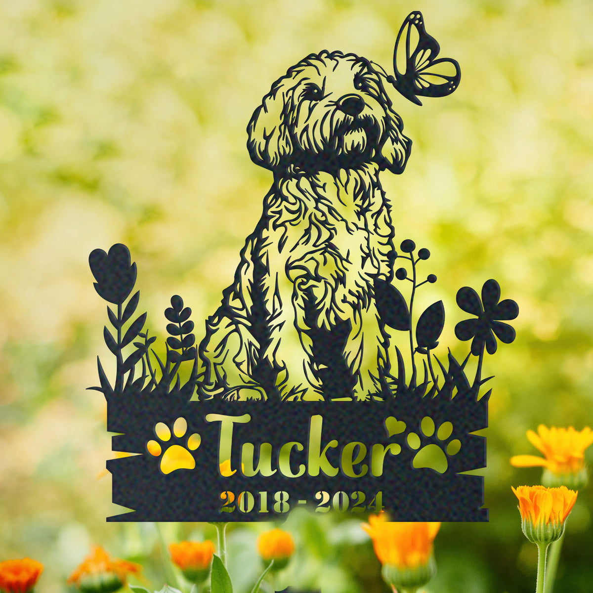 Personalized cockapoo memorial garden stake with pet name and dates