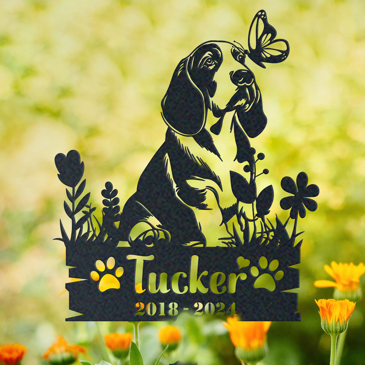 Personalized basset hound memorial garden stake with pet name and dates