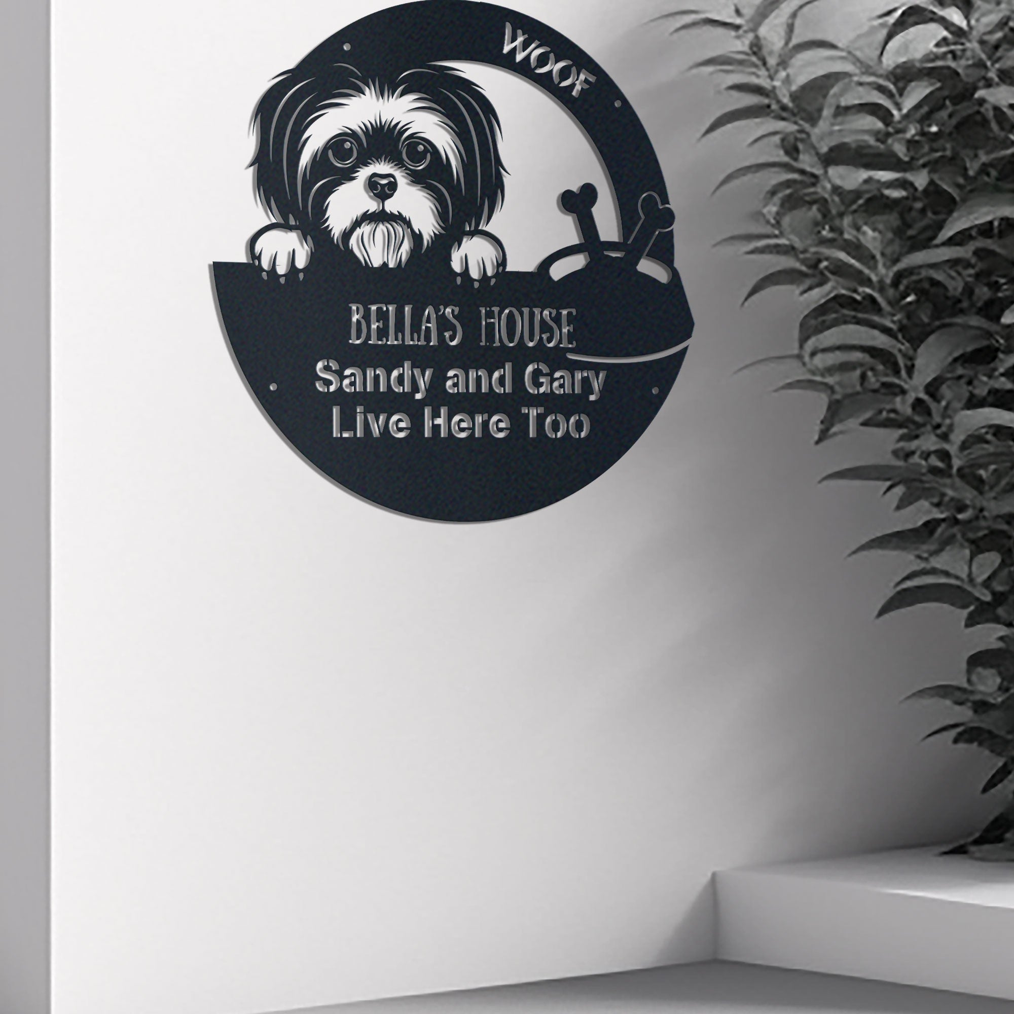 Dog Lovers Woof Funny metal wall art displayed on a home wall