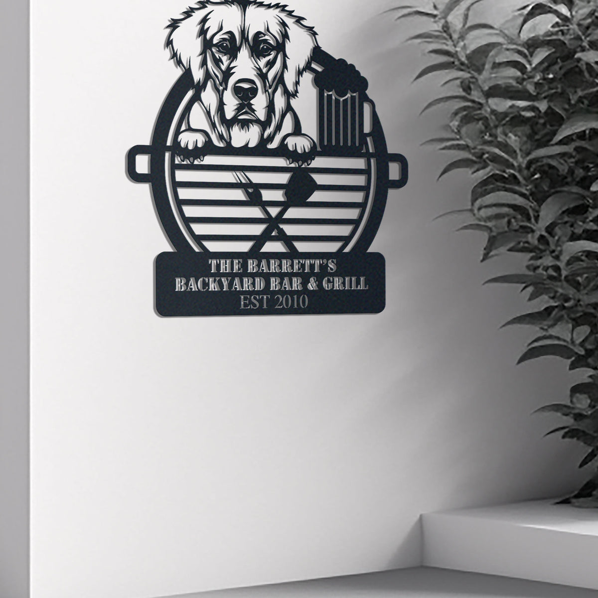 Dog Lovers Backyard Bar Grill Personalized Name metal wall art displayed on a home wall