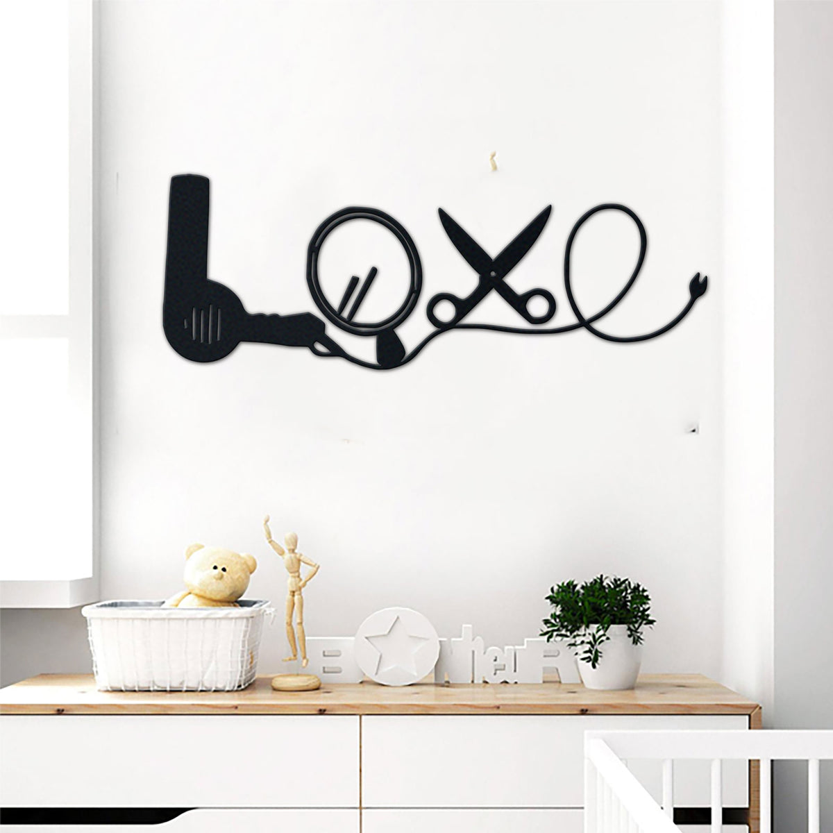 Hair Stylist Salon metal wall art displayed on a home wall