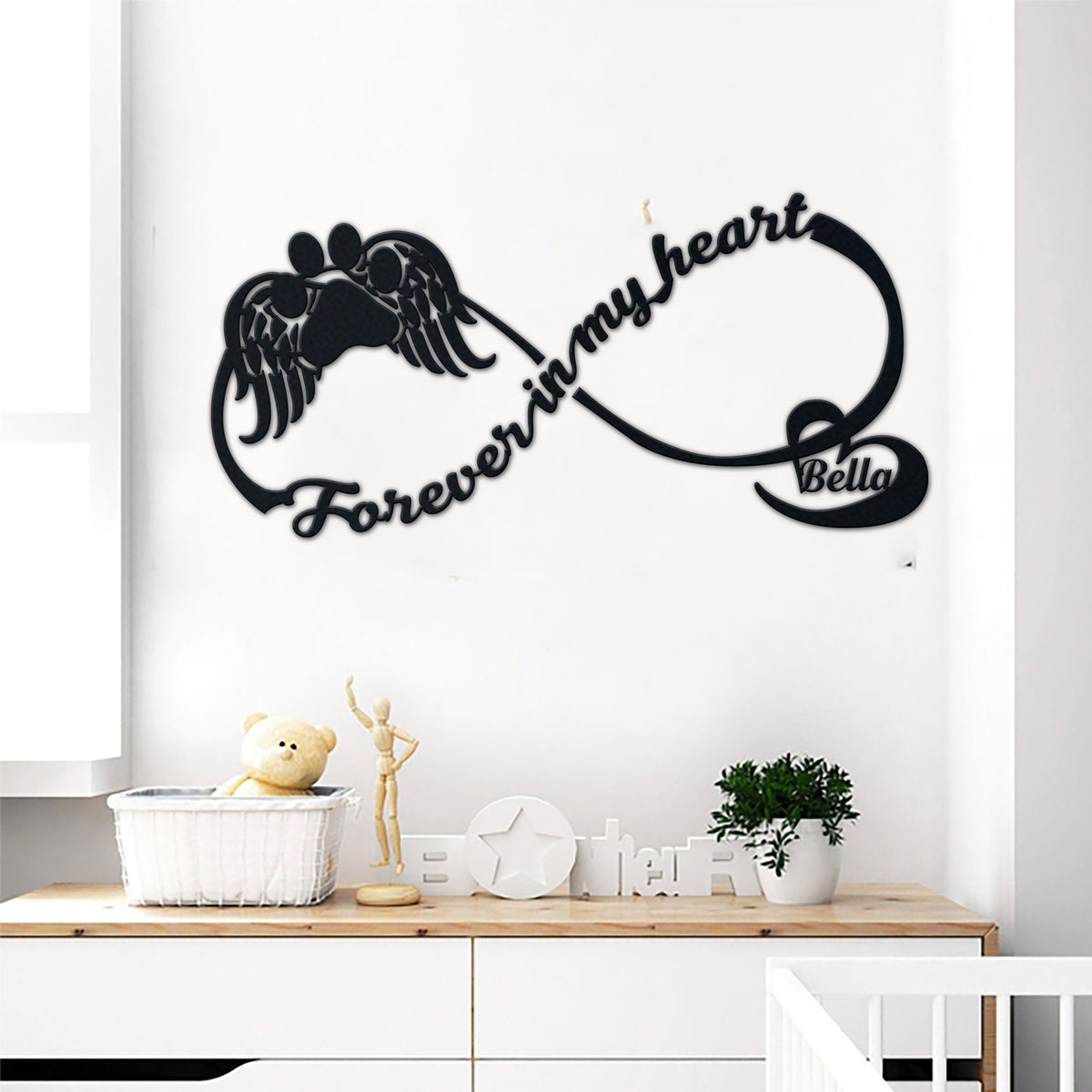 Dog Lovers Forever In My Heart Personalized Name metal wall art displayed on a home wall