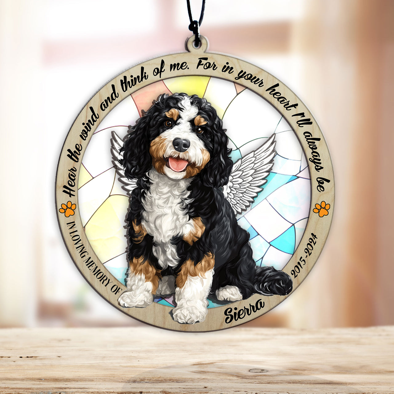 Suncatcher Ornament Bernedoodle Sitting Memorial, Dog Ornament Home Decor, Pet Loss Gift, Thoughtful Christmas Gift