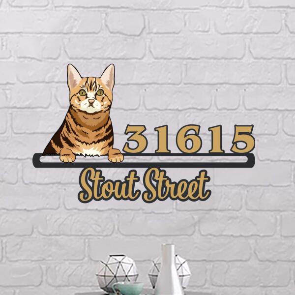 Personalized cat lovers address sign with house number and street name in metal