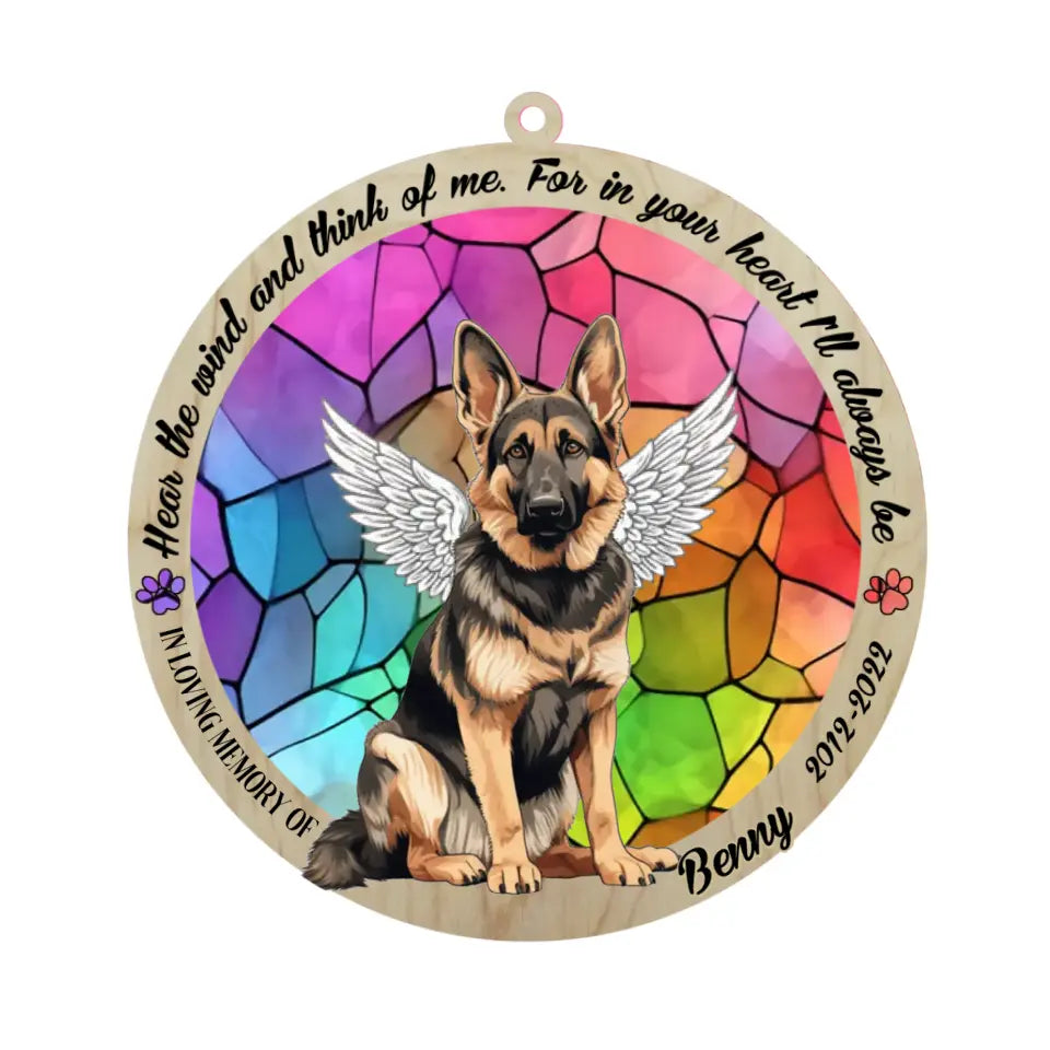 Personalized German Shepherd memorial suncatcher with pet name displayed in a window. - product view 2