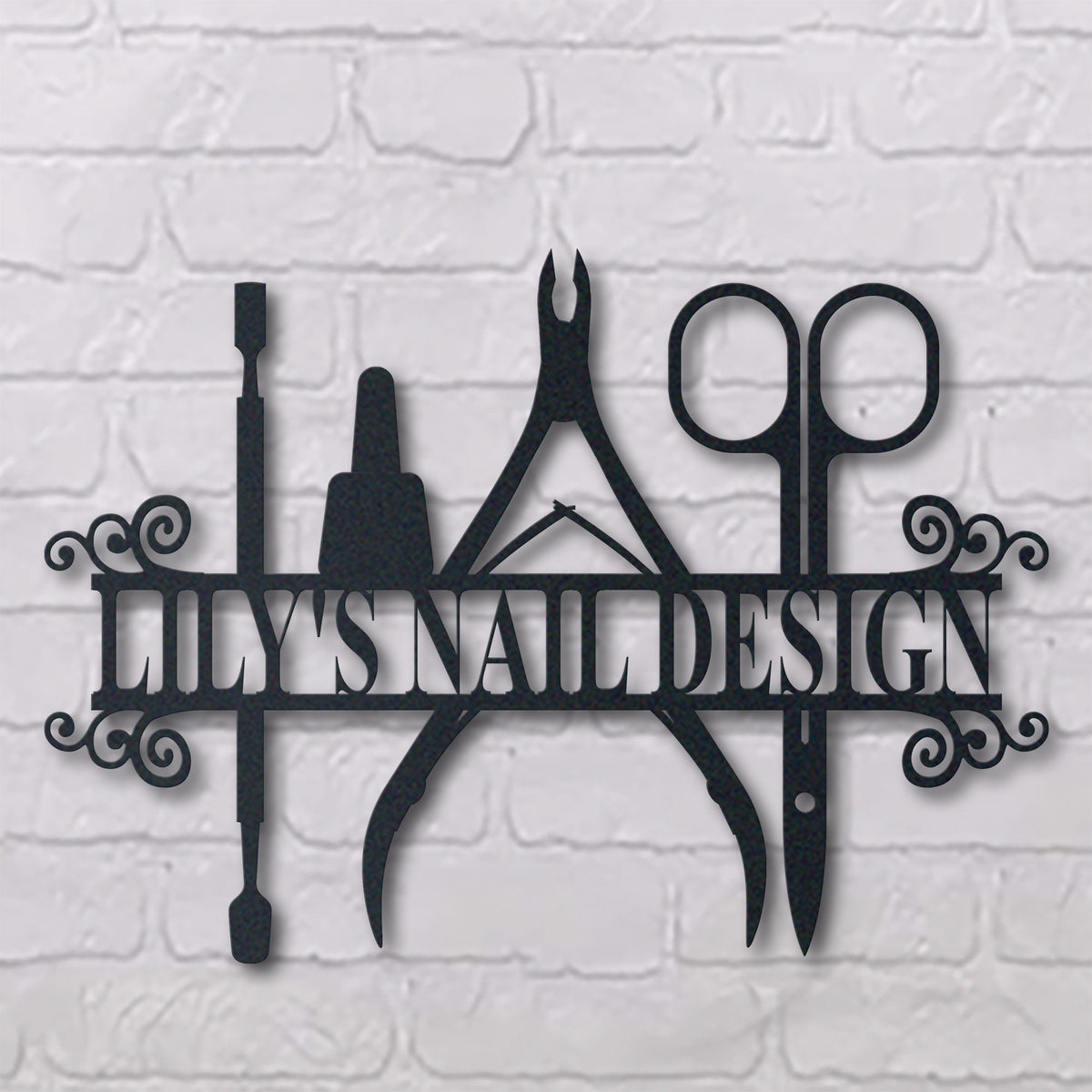 Nail Salon Shop Name metal wall art displayed on a home wall