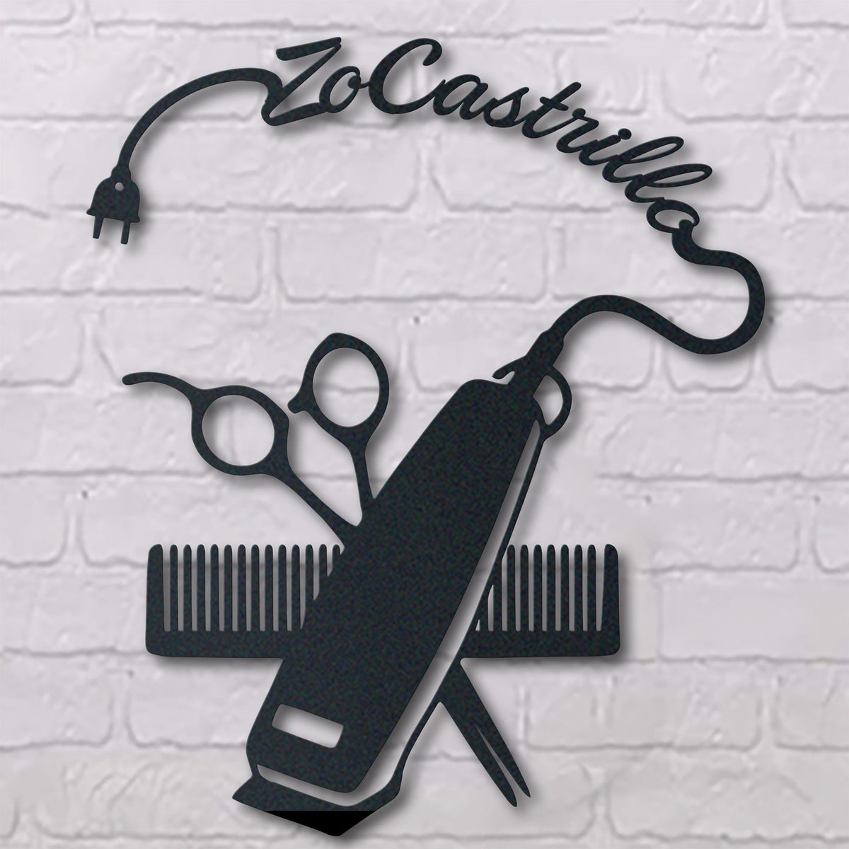 Hair Stylist Barber metal wall art displayed on a home wall