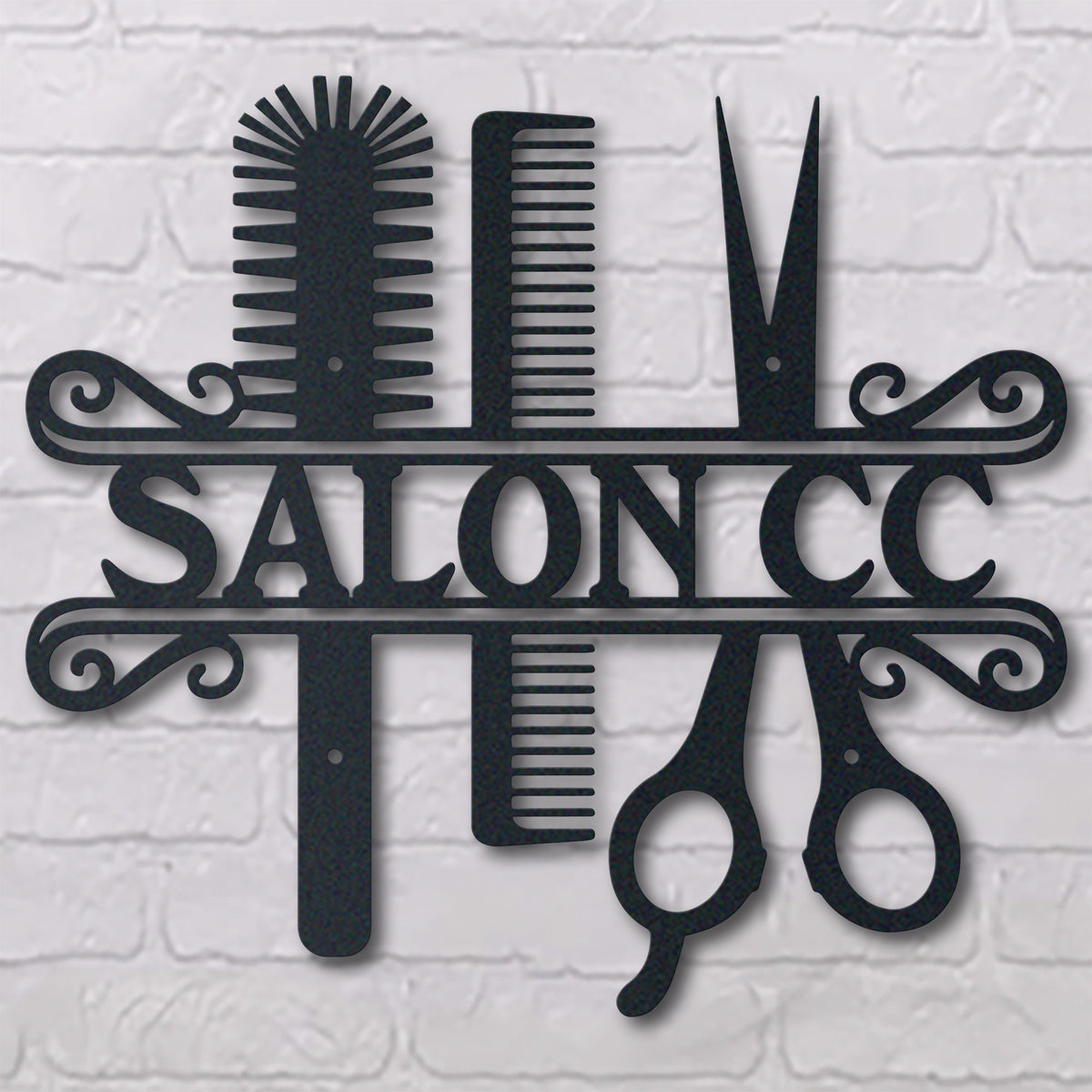 Hair Salon Personalized Name metal wall art displayed on a home wall