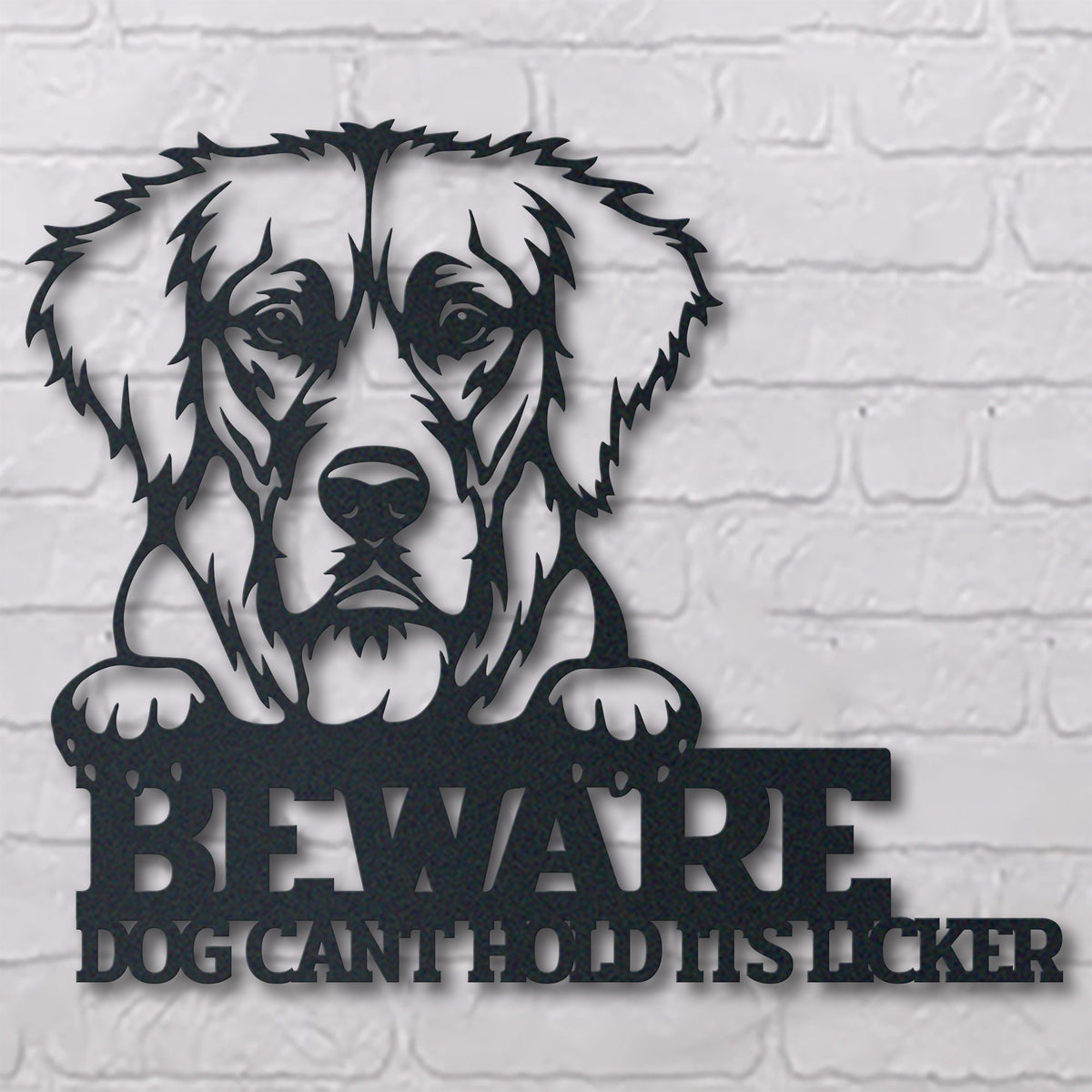 Dog Lovers Beware Dogs Kiss Personalized Funny metal wall art displayed on a home wall