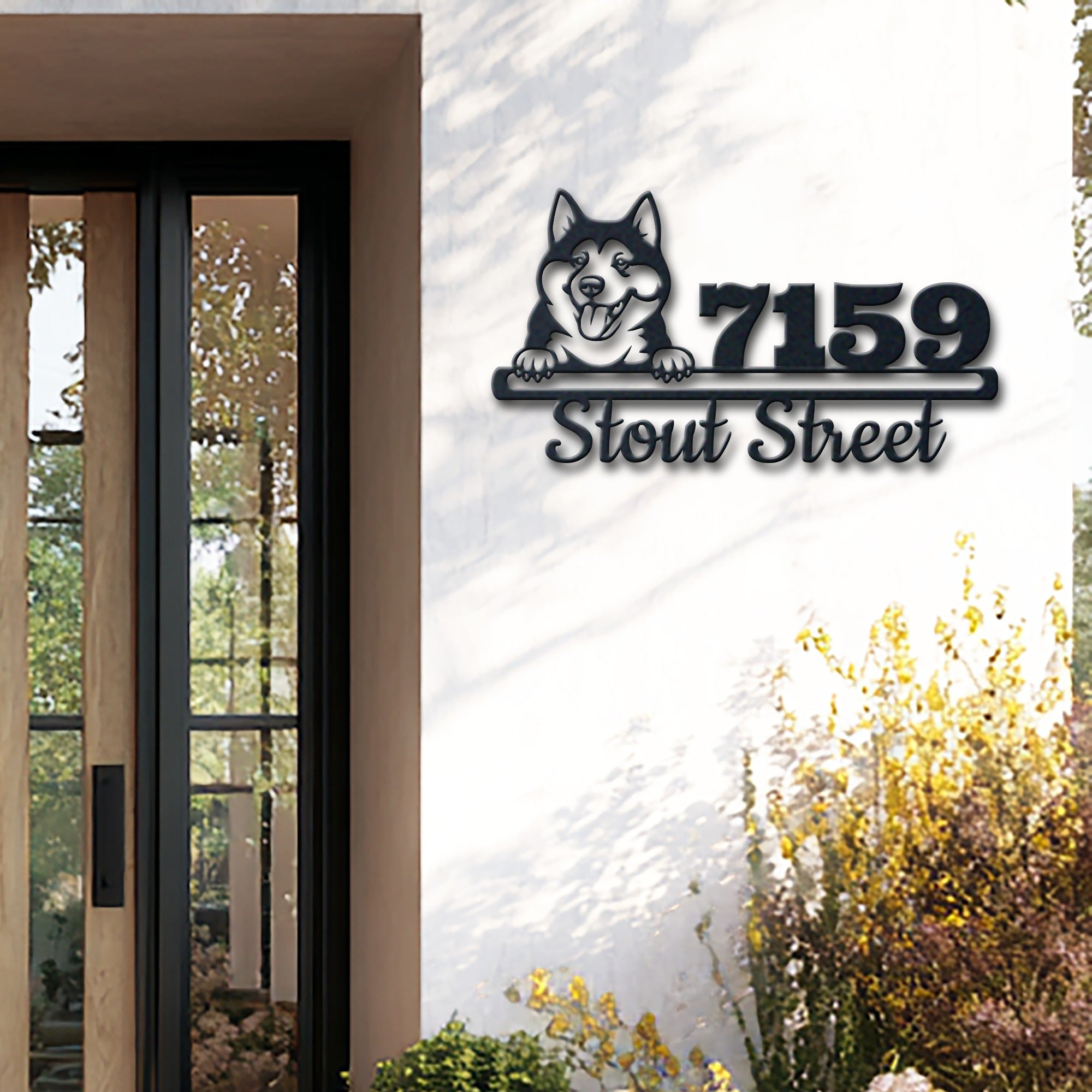 Personalized akita dog address sign with house number and street name in metal - product view 2