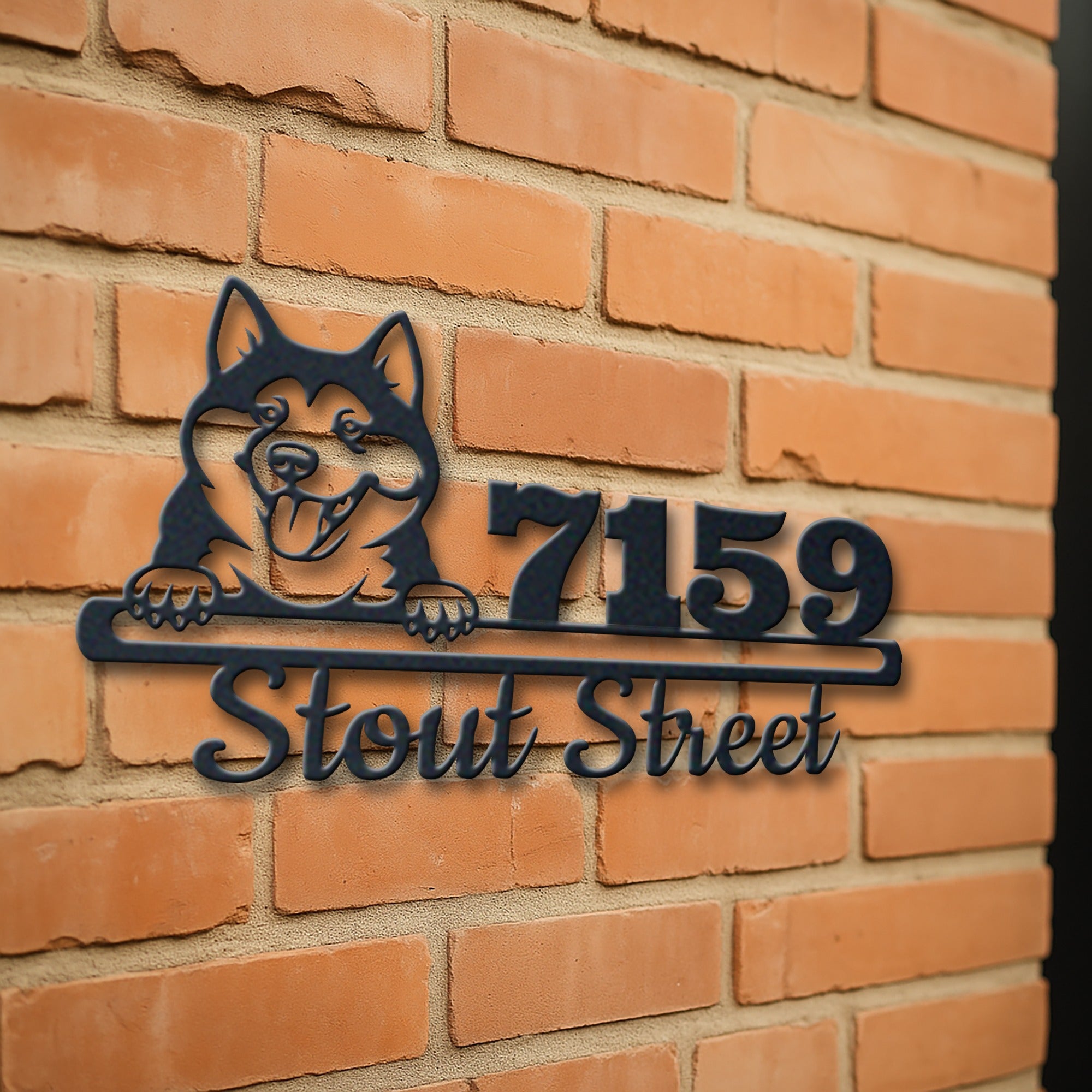 Personalized akita dog address sign with house number and street name in metal - product view 3