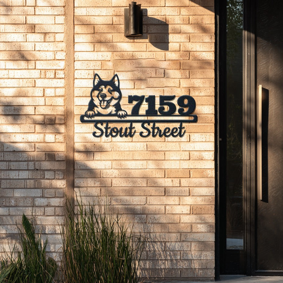 Personalized akita dog address sign with house number and street name in metal - product view 4