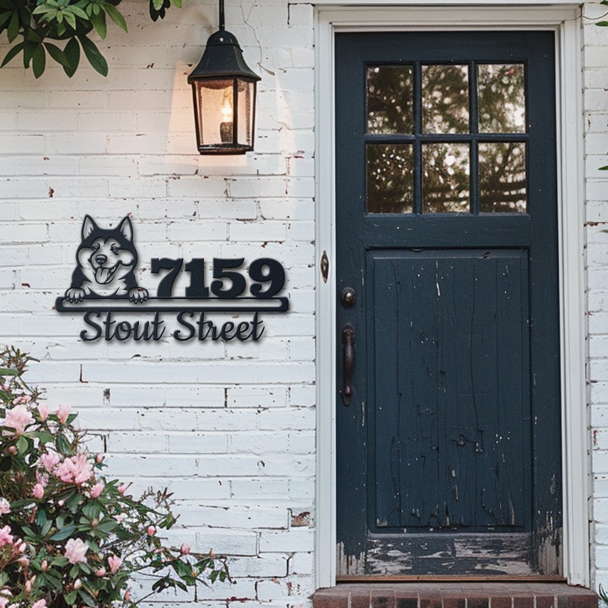 Personalized akita dog address sign with house number and street name in metal - product view 6