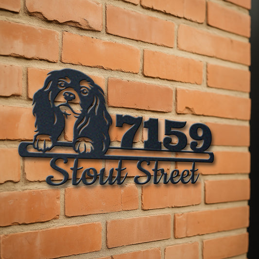 Personalized american cocker spaniel address sign with house number and street name in metal - product view 3