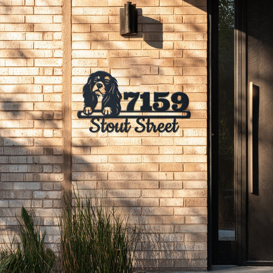 Personalized american cocker spaniel address sign with house number and street name in metal - product view 4