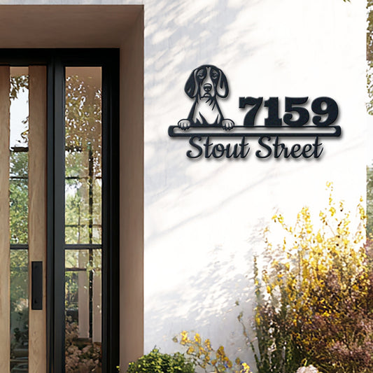 Personalized american english coonhound address sign with house number and street name in metal - product view 2