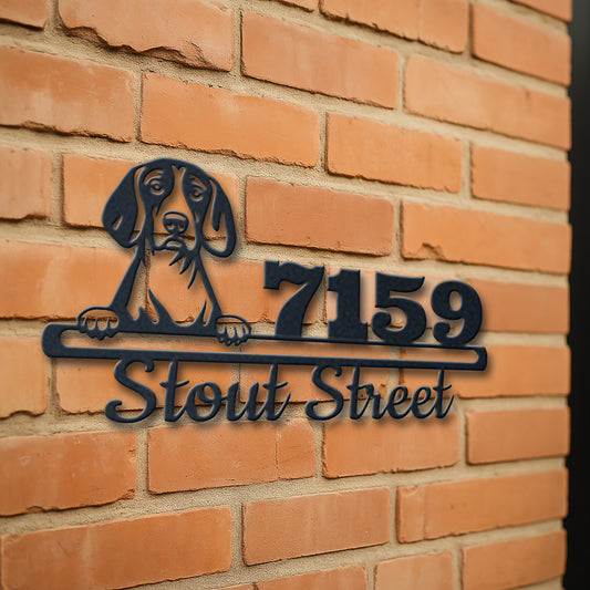 Personalized american english coonhound address sign with house number and street name in metal - product view 3