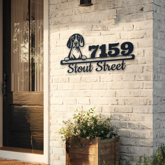 Personalized american english coonhound address sign with house number and street name in metal - product view 5