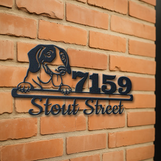 Personalized american foxhound address sign with house number and street name in metal - product view 3