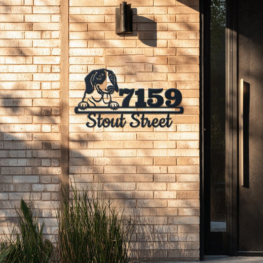 Personalized american foxhound address sign with house number and street name in metal - product view 4