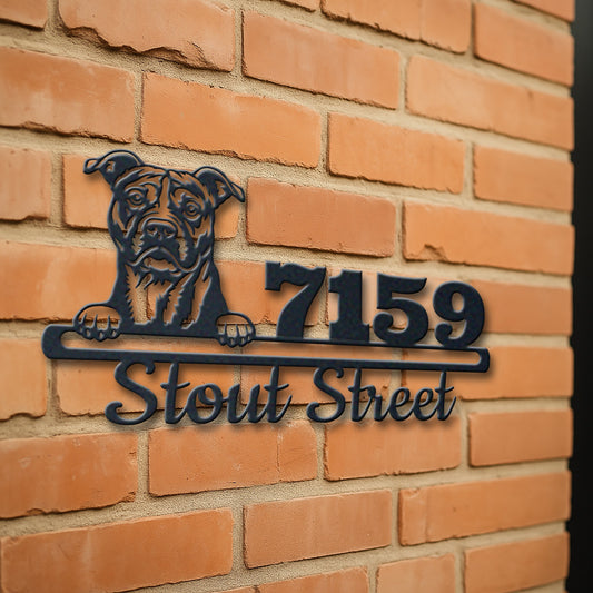 Personalized american stafford address sign with house number and street name in metal - product view 3