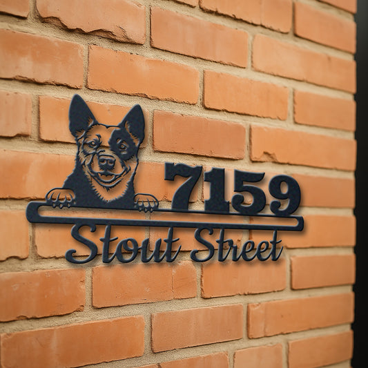 Personalized australian cattle dog address sign with house number and street name in metal - product view 3
