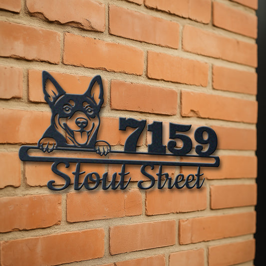Personalized australian kelpie address sign with house number and street name in metal - product view 3