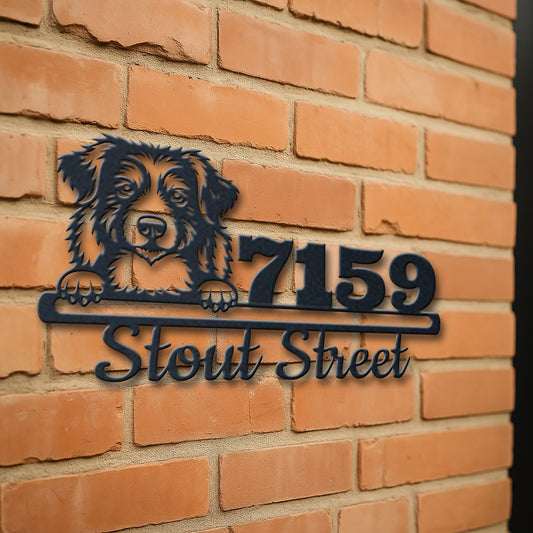 Personalized australian shepherd address sign with house number and street name in metal - product view 3