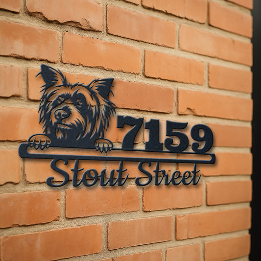 Personalized australian silky terrier address sign with house number and street name in metal - product view 3