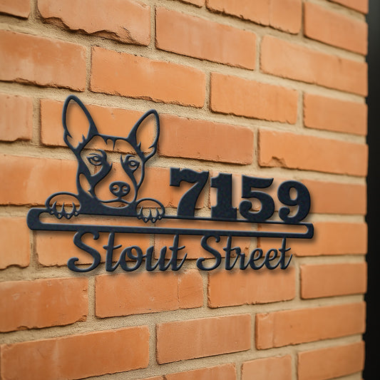Personalized basenji address sign with house number and street name in metal - product view 3