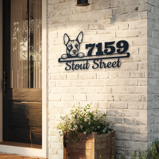 Personalized basenji address sign with house number and street name in metal - product view 5