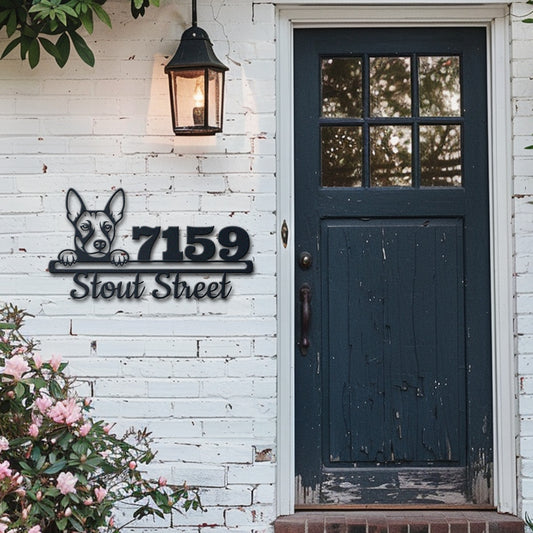 Personalized basenji address sign with house number and street name in metal - product view 6