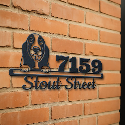 Personalized basset hound address sign with house number and street name in metal - product view 3
