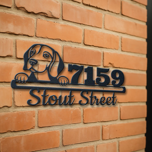 Personalized beagle address sign with house number and street name in metal - product view 3