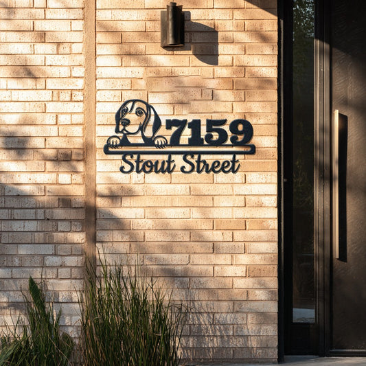 Personalized beagle address sign with house number and street name in metal - product view 4