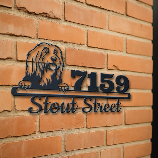 Personalized bearded collie address sign with house number and street name in metal - product view 3
