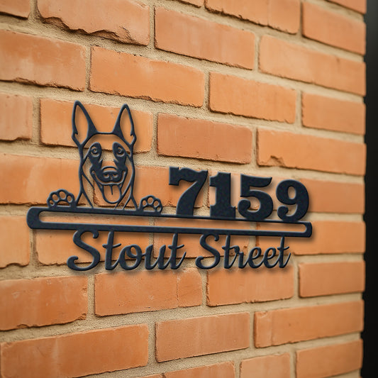 Personalized belgian shepherd address sign with house number and street name in metal - product view 3