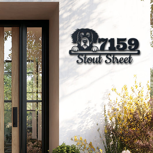 Personalized bernese mountain dog address sign with house number and street name in metal - product view 2