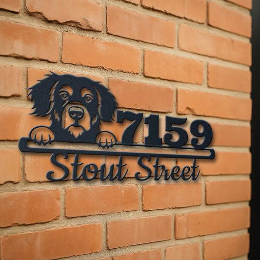 Personalized bernese mountain dog address sign with house number and street name in metal - product view 3