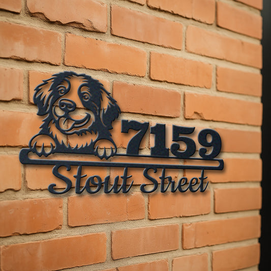 Personalized bernese mountain dog address sign with house number and street name in metal - product view 3