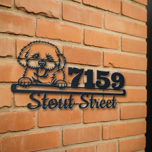 Personalized bischon frise address sign with house number and street name in metal - product view 3