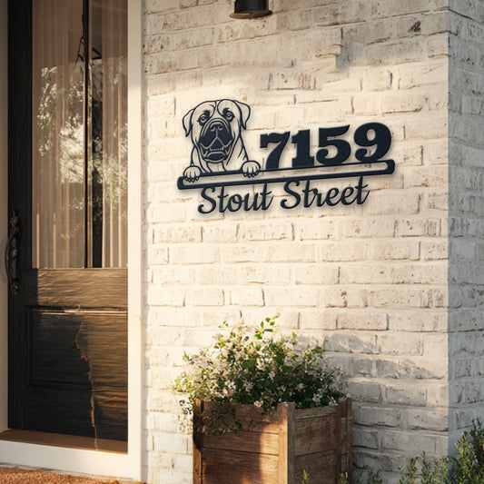 Personalized boerboel address sign with house number and street name in metal - product view 5