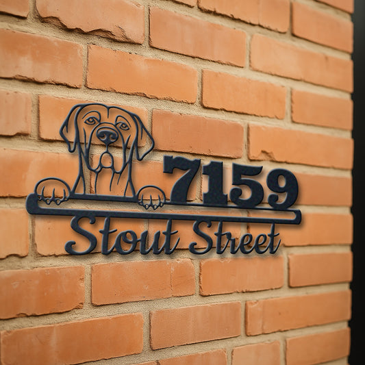 Personalized bordeaux great dane address sign with house number and street name in metal - product view 3