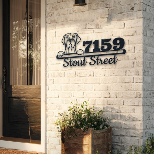 Personalized bordeaux great dane address sign with house number and street name in metal - product view 5