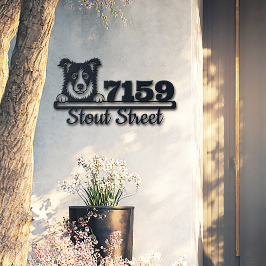 Personalized border colie address sign with house number and street name in metal