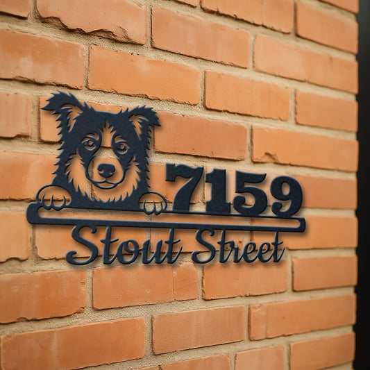 Personalized border colie address sign with house number and street name in metal - product view 3