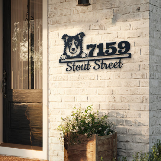 Personalized border colie address sign with house number and street name in metal - product view 5