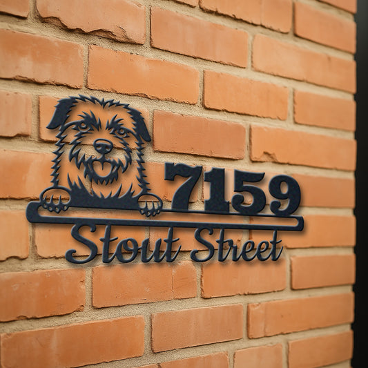 Personalized border terrier address sign with house number and street name in metal - product view 3