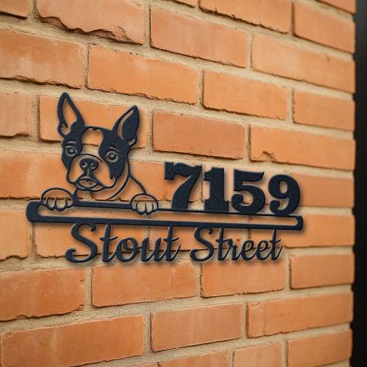Personalized boston terrier address sign with house number and street name in metal - product view 3